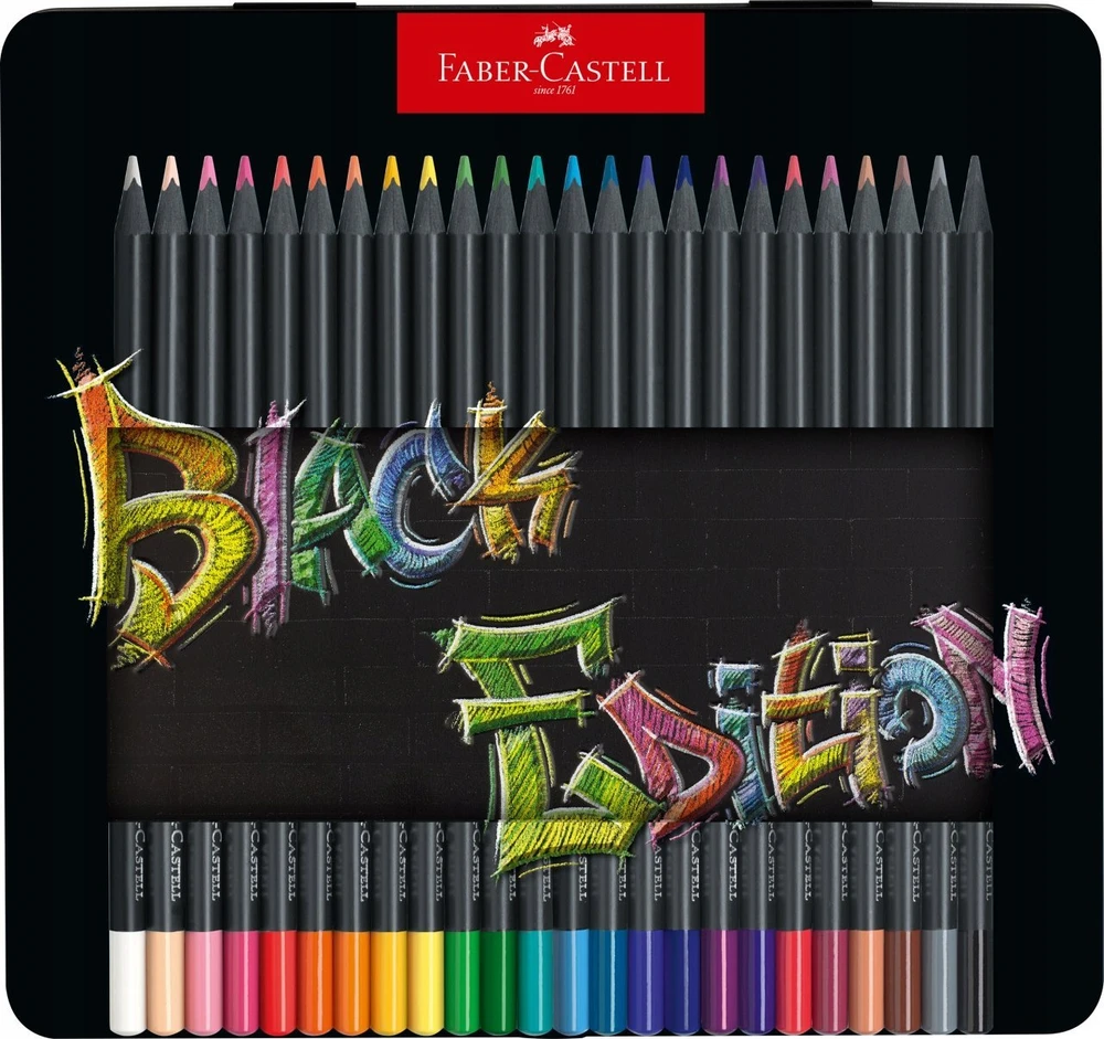 Spalvoti pieštukai Faber-Castell Juodas Edition, 24 ryškių spalvų, metalinėje dėžutėje