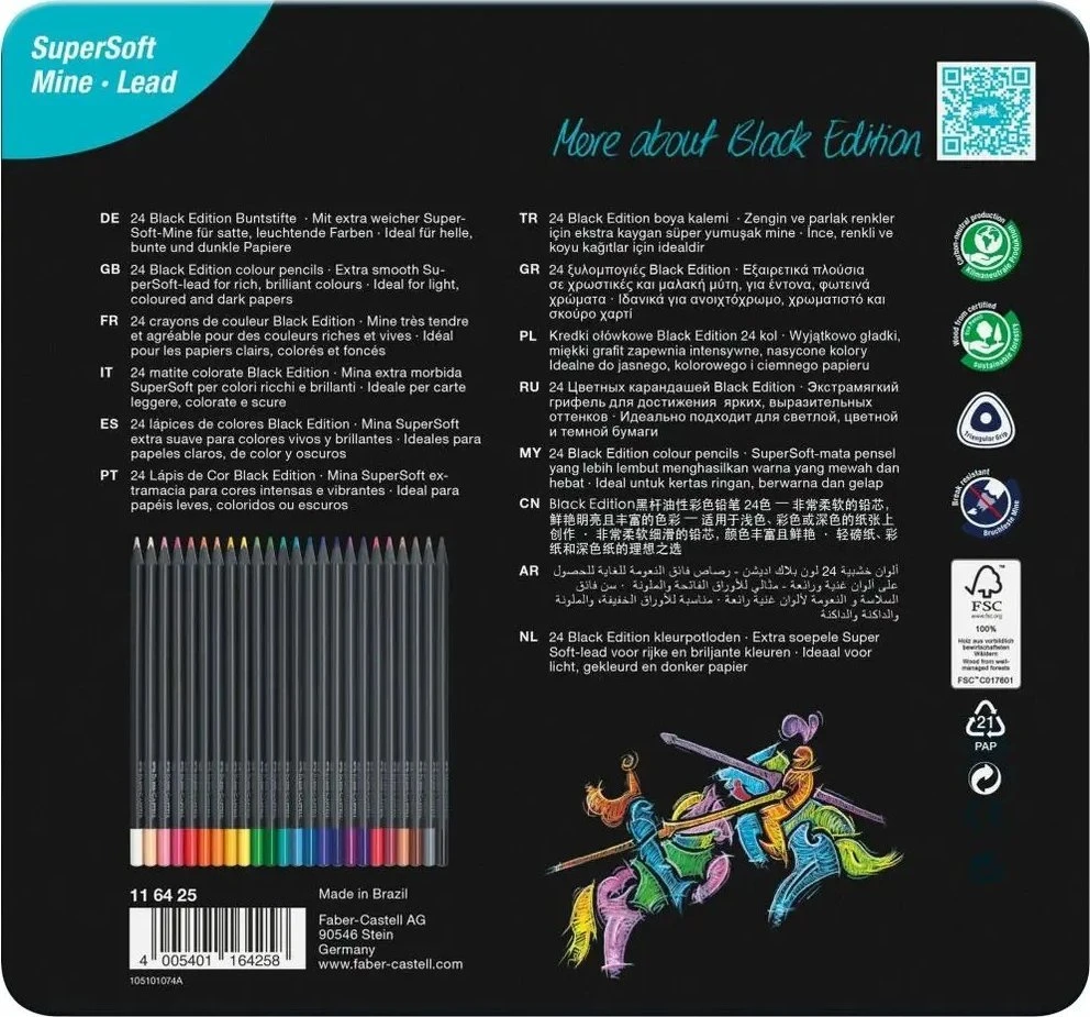 Spalvoti pieštukai Faber-Castell Juodas Edition, 24 ryškių spalvų, metalinėje dėžutėje