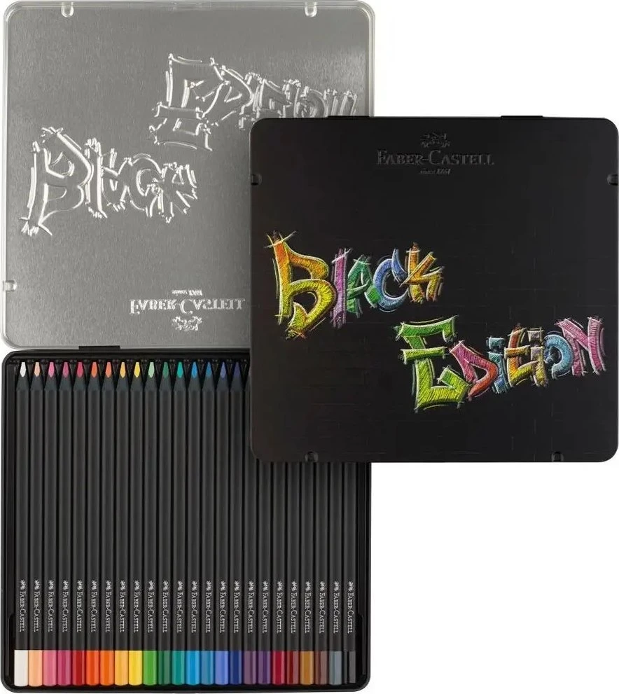 Spalvoti pieštukai Faber-Castell Juodas Edition, 24 ryškių spalvų, metalinėje dėžutėje