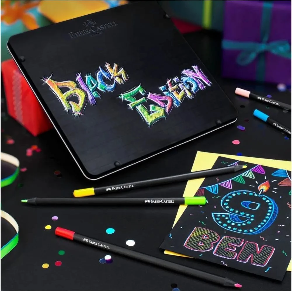 Spalvoti pieštukai Faber-Castell Juodas Edition, 24 ryškių spalvų, metalinėje dėžutėje