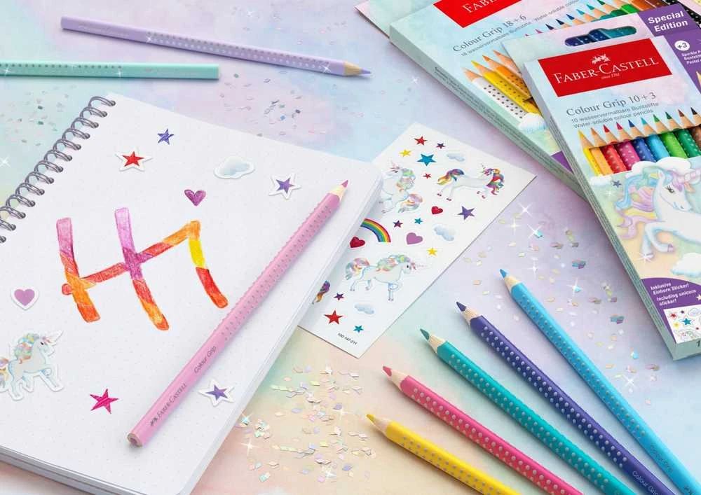 Spalvoti pieštukai Faber-Castell Colour Grip Unicorn 10 +3 sparkle pastell spalvos