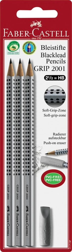 Faber-Castell FABER-CASTELL Bleistift Grip 2001 HB 3x +Radierer BK