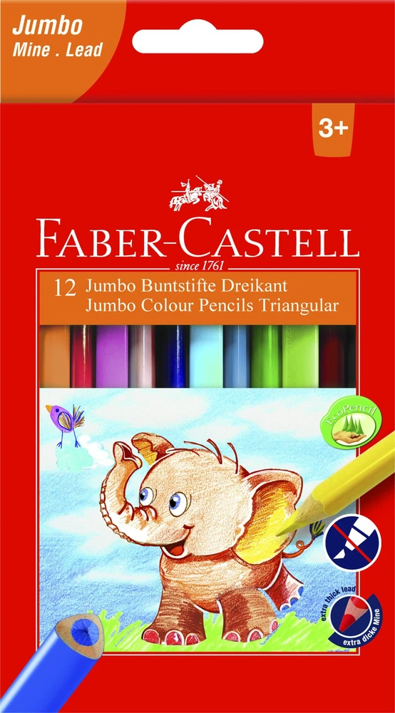 Spalvoti pieštukai Faber-Castell Jumbo, Tribriauniai, 12 spalvų