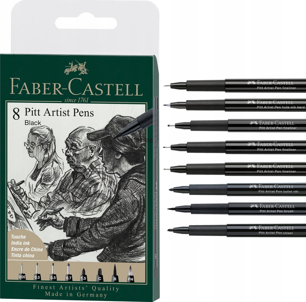 Rašikliai piešimui Faber-Castell Pitt Artist Pen #199, 8vnt (XXS,S,F,M,1.5,C,B,FH)