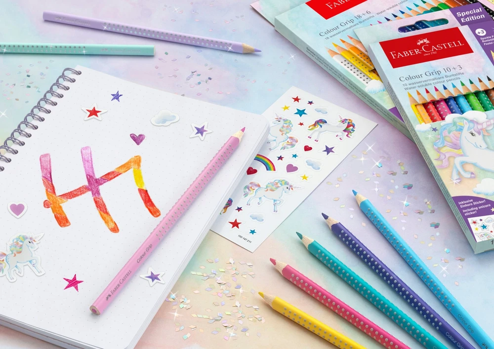 Spalvoti pieštukai Faber-Castell Colour Grip Unicorn 18 +6 sparkle pastell spalvos
