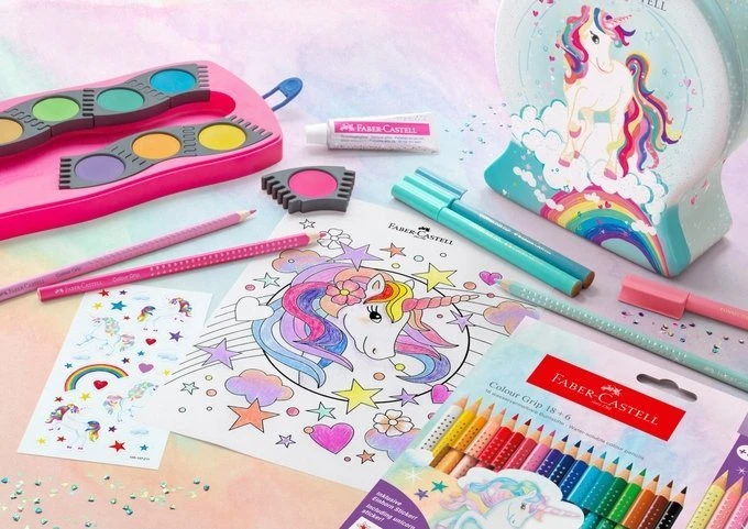 Spalvoti pieštukai Faber-Castell Colour Grip Unicorn 18 +6 sparkle pastell spalvos