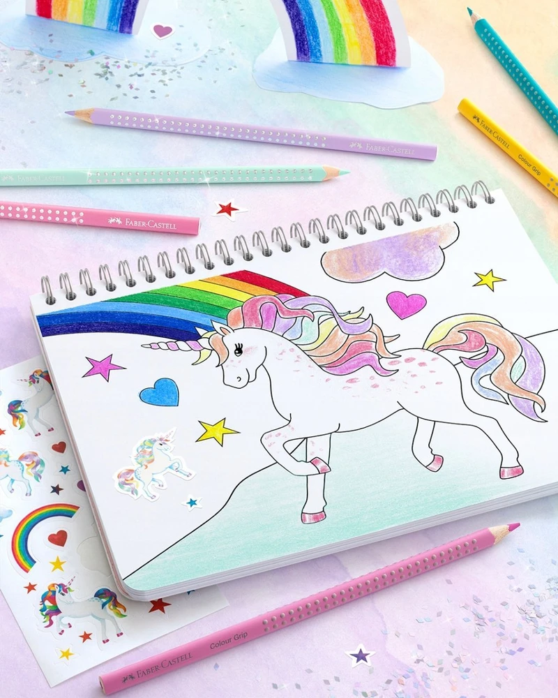 Spalvoti pieštukai Faber-Castell Colour Grip Unicorn 18 +6 sparkle pastell spalvos
