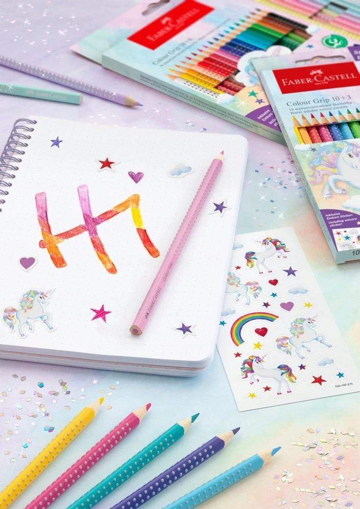 Spalvoti pieštukai Faber-Castell Colour Grip Unicorn 18 +6 sparkle pastell spalvos