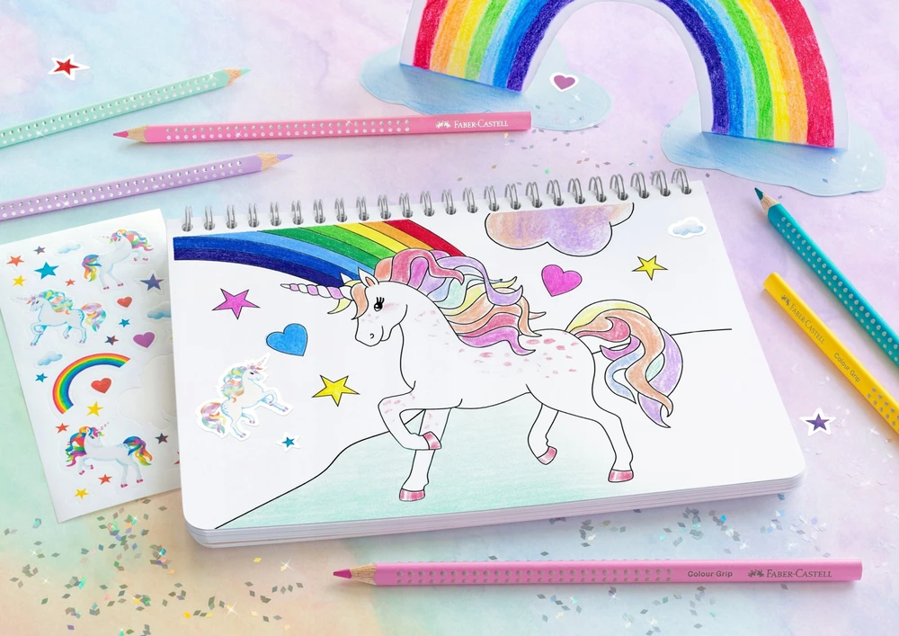 Spalvoti pieštukai Faber-Castell Colour Grip Unicorn 18 +6 sparkle pastell spalvos