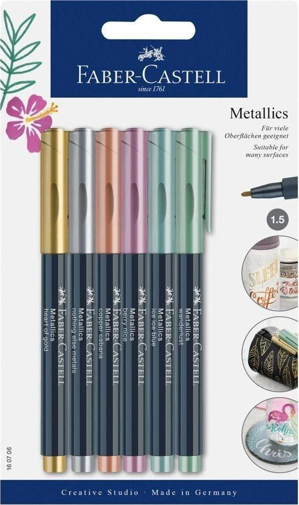 Rašiklių rinkinys Faber-Castell,1,5mm, 6 vnt, įvairių metallic spalvų, blisteryje