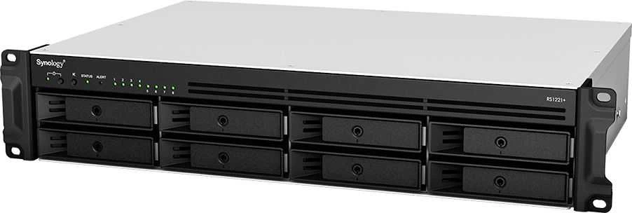 Serveris SYNOLOGY RS1221RP+ 8 skyrių NAS-Rackmount AMD Ryzen V1500B keturių branduolių 2,2 GHz 4GB DDR4 iki 32GB RJ-45 4x1GbE 2xUSB 3.2 1xeSATA