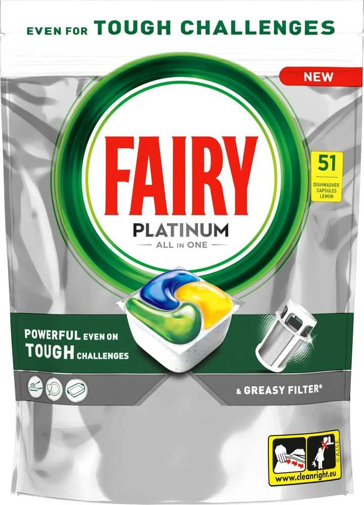 Indaplovių tabletės Fairy Platinum All In One Lemon, 51 vnt.