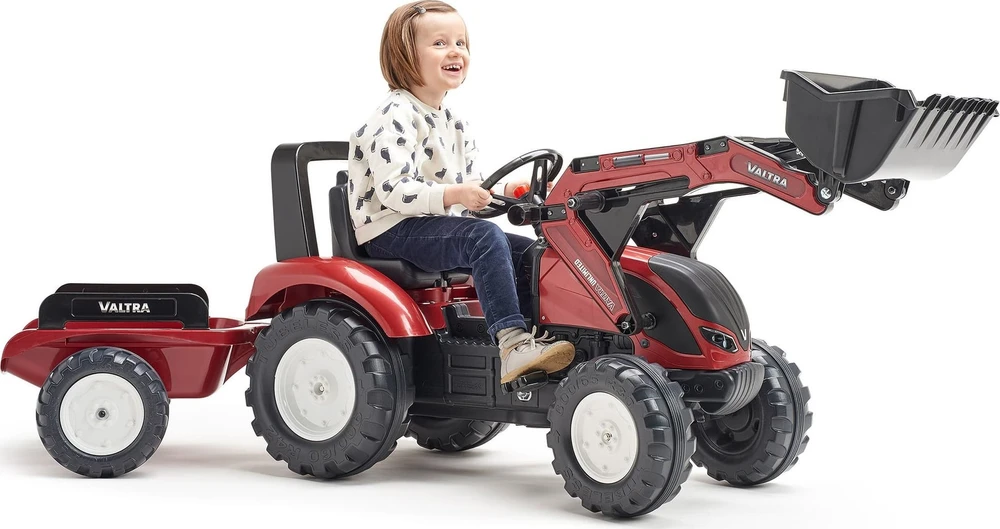 Dymo FALK pedalinis traktorius Valtra bordo spalvos su priekaba ir kaušu
