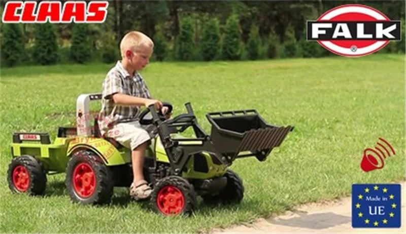 Pedalinis traktorius FALK CLAAS su kaušu ir priekaba žalias