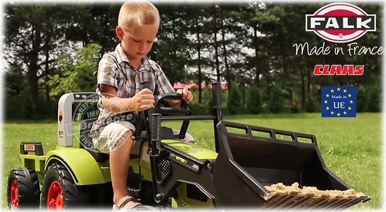 Pedalinis traktorius FALK CLAAS su kaušu ir priekaba žalias