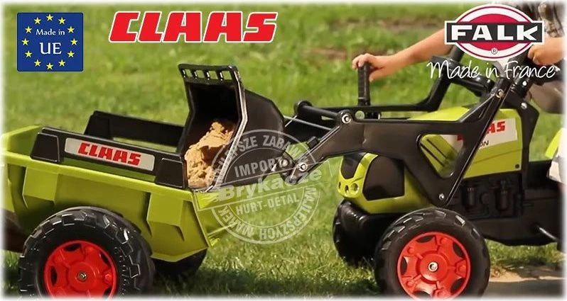 Pedalinis traktorius FALK CLAAS su kaušu ir priekaba žalias