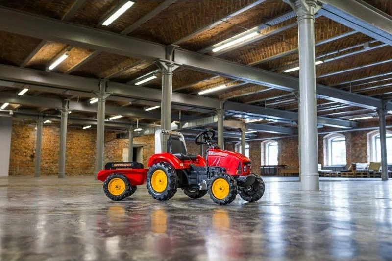 Pedalinis traktorius FALK Raudona Supercharger su priekaba atidaromas