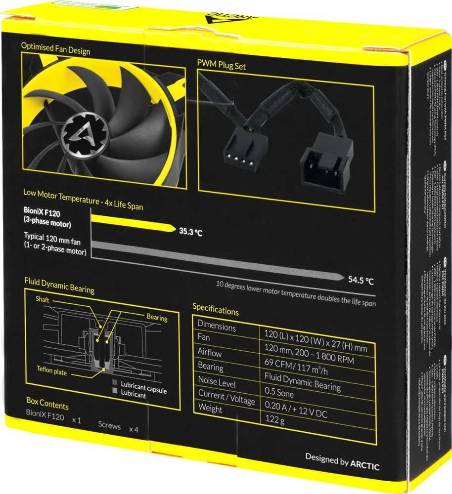 Arctic BioniX P120 pakuotės galinė dalis su technine informacija