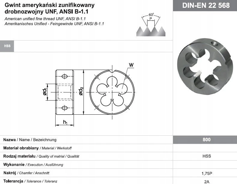Fanar NARZYNKA UNF 9/16-18 DIN-22568 (2A) HSS 800