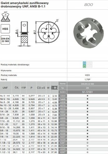 Fanar NARZYNKA UNF 9/16-18 DIN-22568 (2A) HSS 800
