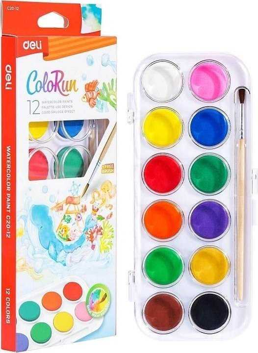 Deli Colorun akvareliniai dažai, 12 spalvų, su teptuku