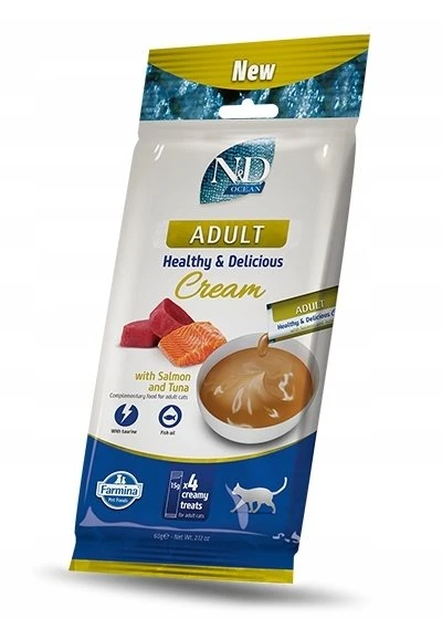 FARMINA N&D Ocean Cat Kreminis with lašiša & Tuna adult box – skanėstas suaugusiai katei – 4x15g