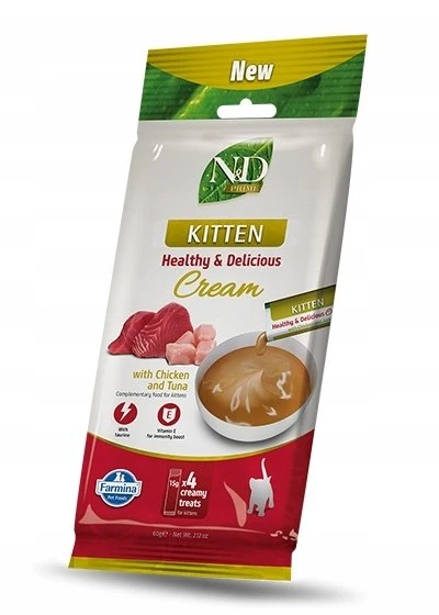 FARMINA N&D Prime Cat Kreminis with vištiena & tuna kitten box – skanėstas kačiukui – 4x15g