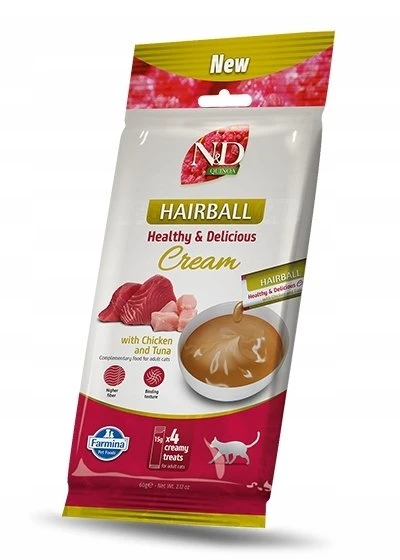 FARMINA N&D Quinoa Cat Hairball Kreminis with vištiena & Tuna box – skanėstas katei – 4x15g