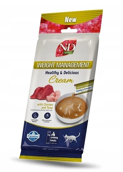FARMINA N&D Quinoa Cat Weight Management kreminis su vištiena ir tunu – skanėstas katei – 4x15g