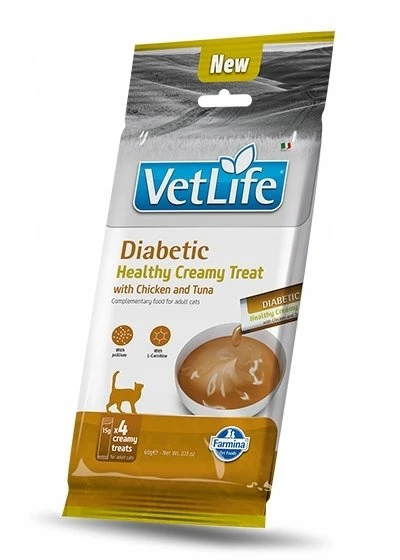 FARMINA Vet Life kreminis kačių skanėstas diabetikams su vištiena ir tunu dėžutėje – skanėstas katei – 4x15g
