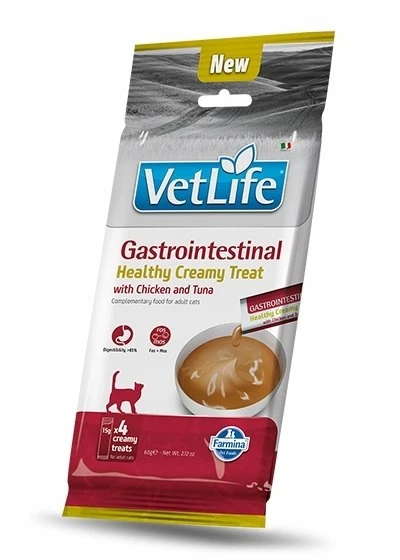 FARMINA Vet Life kačių virškinimo trakto kreminis skanėstas su vištiena ir tunu dėžutėje – skanėstas katei – 4x15g
