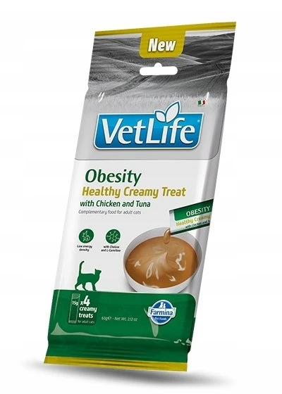 FARMINA Vet Life Cat Obesity kreminis skanėstas su vištiena ir tunu dėžutėje – skanėstas katei – 4x15g