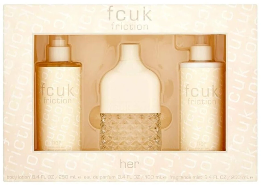 Set Fcuk: Friction Eau De Parfum For Women, 100 ml + Friction Hydrates Losjonas kūnui, 250 ml + Friction Scented Purškiklis For Women, 250 ml