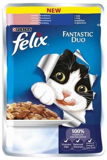 Purina Nestle Drėgnas Kačių Maistas - Felix Fantastic Duo su Lašiša ir Sardine, 85g