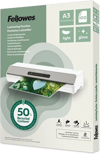 Fellowes laminavimo folija. A3 blizgi, lengva, perdirbta, 100 vnt.
