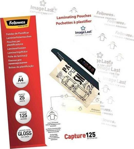 Fellowes | Laminavimo maišelis | A4 | Skaidrus | Storis: 125 mikronai, kiekis pakuotėje: 25 vnt.; Unikalus krypties rodyklės kokybės ženklas išnyksta laminavus.