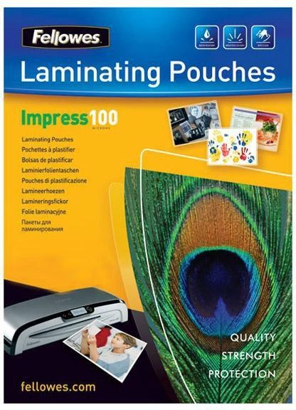 Fellowes | Laminavimo maišelis | A3 | Blizgus | Storis: 100 mikronų, kiekis pakuotėje: 100 vnt.; Idealiai tinka pranešimams, rankdarbių medžiagoms, iškaboms ir dažnai naudojamiems dokumentams; Suderinamas su visų prekių ženklų laminatoriais