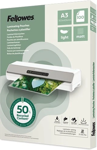 Fellowes laminavimo folija A3 matinė, šviesi, perdirbta, 100 vnt.