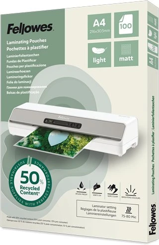 Fellowes laminavimo folija A4 matinė, šviesi, perdirbta, 100 vnt.