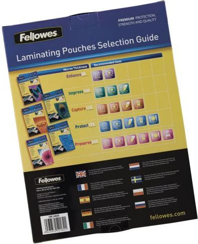 Fellowes | Laminavimo maišelis | A4 | Skaidrus | Storis: 125 mikronai, kiekis pakuotėje: 25 vnt.; Unikalus krypties rodyklės kokybės ženklas išnyksta laminavus.