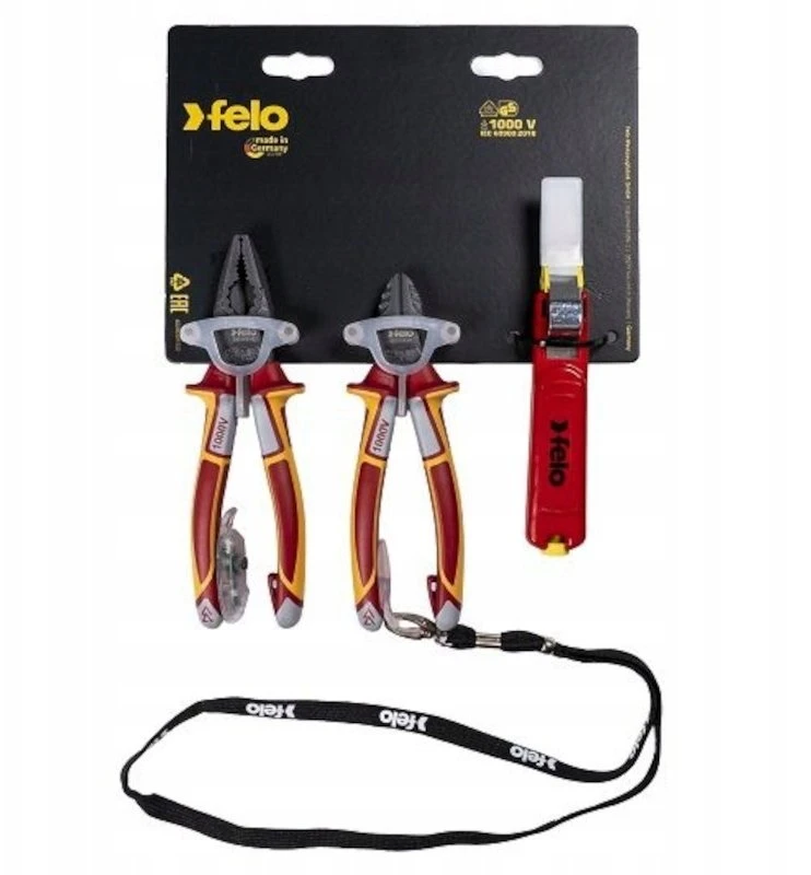 Felo VDE 2 replių rinkinys: kombinuotosios replės 180 mm, šoninės kerpamosios replės 160 mm ir izoliacijos nuėmimo peilis