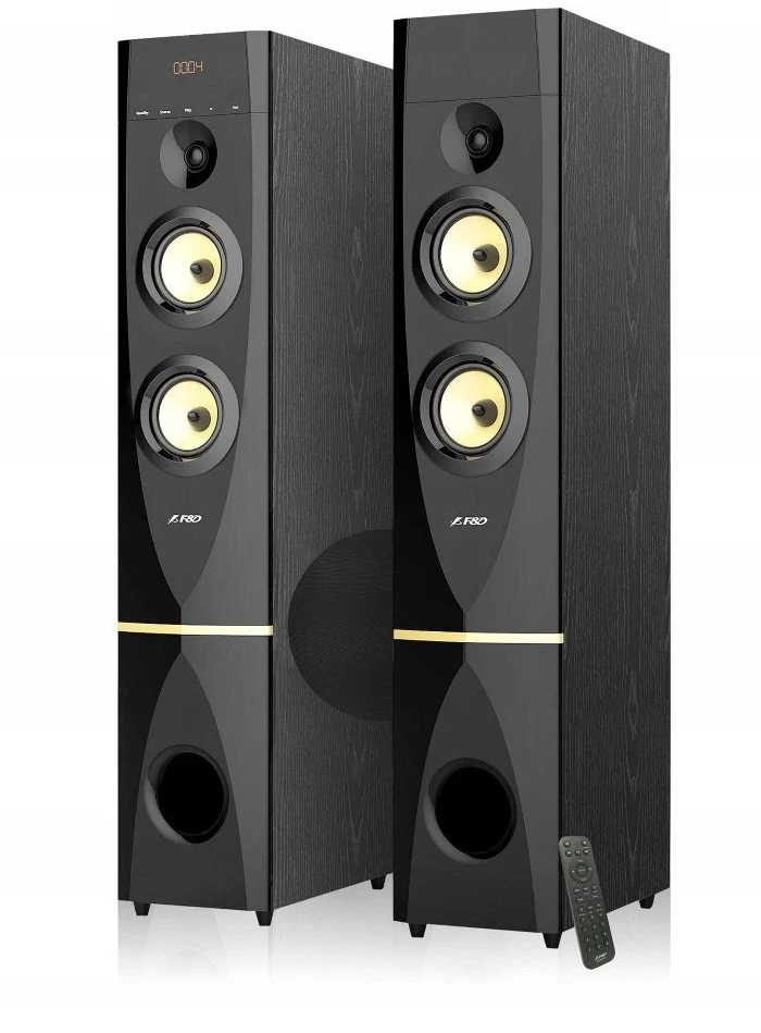 Kompiuterio kolonėlės Fenda F&D T-88X 2.0 ant grindų statomi garsiakalbiai, 300 W RMS (150x2), 1 colio aukštų dažnių garsiakalbis + 5,25 colio garsiakalbis + 10 colių žemųjų dažnių garsiakalbis kiekvienam kanalui, BT 4.2/HDMI/optinis/koaksialinis/AUX/USB/FM/Karaoke funkcija /LED Ekranas/Nuotolinis pultelis/Įtrauktas mikrofonas/Medinis/Juodas