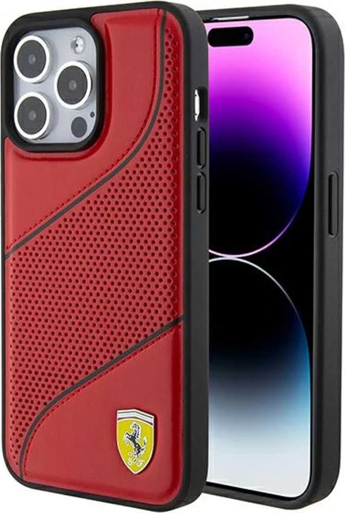Ferrari Perforated Waves Metal Logo - dėklas skirtas Apple iPhone 15 Pro Raudona