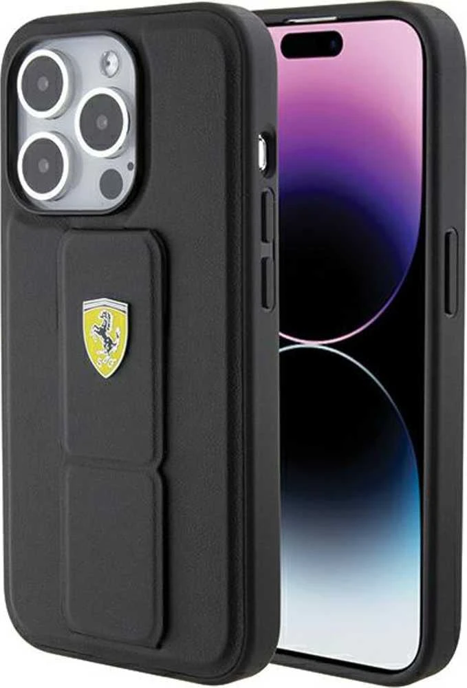 Ferrari FEHCP15SGSPSIK Apple iPhone 15 / 14 /13 6.1″ juodos spalvos kietas dėklas Grip Stand Metal Logo