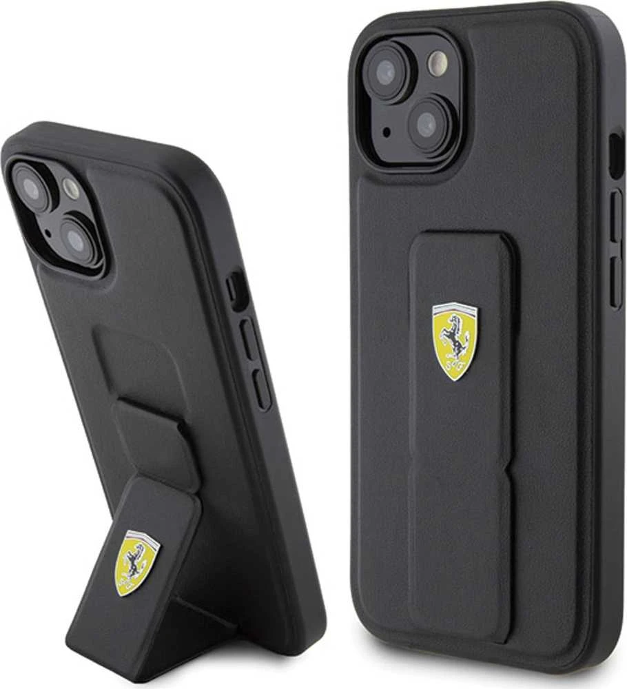 Ferrari FEHCP15SGSPSIK Apple iPhone 15 / 14 /13 6.1″ juodos spalvos kietas dėklas Grip Stand Metal Logo