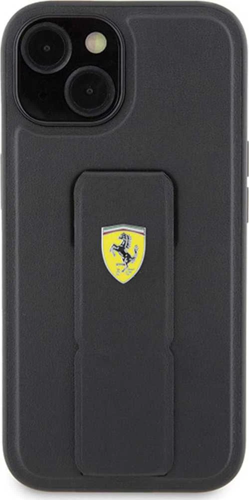 Ferrari FEHCP15SGSPSIK Apple iPhone 15 / 14 /13 6.1″ juodos spalvos kietas dėklas Grip Stand Metal Logo
