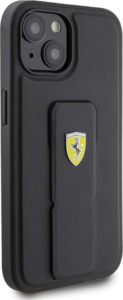 Ferrari FEHCP15SGSPSIK Apple iPhone 15 / 14 /13 6.1″ juodos spalvos kietas dėklas Grip Stand Metal Logo