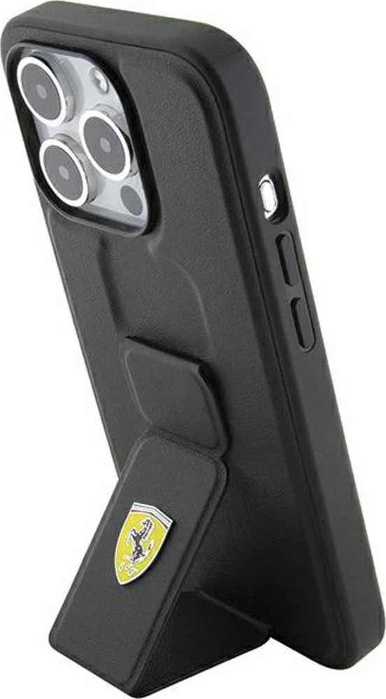Ferrari FEHCP15SGSPSIK Apple iPhone 15 / 14 /13 6.1″ juodos spalvos kietas dėklas Grip Stand Metal Logo