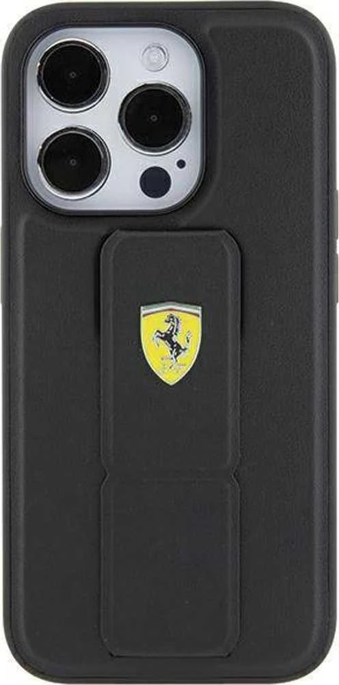 Ferrari FEHCP15SGSPSIK Apple iPhone 15 / 14 /13 6.1″ juodos spalvos kietas dėklas Grip Stand Metal Logo