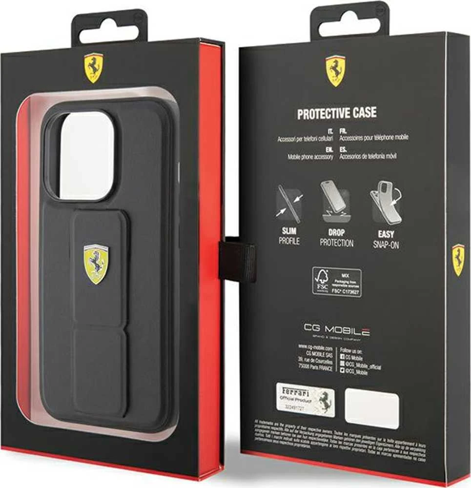 Ferrari FEHCP15SGSPSIK Apple iPhone 15 / 14 /13 6.1″ juodos spalvos kietas dėklas Grip Stand Metal Logo